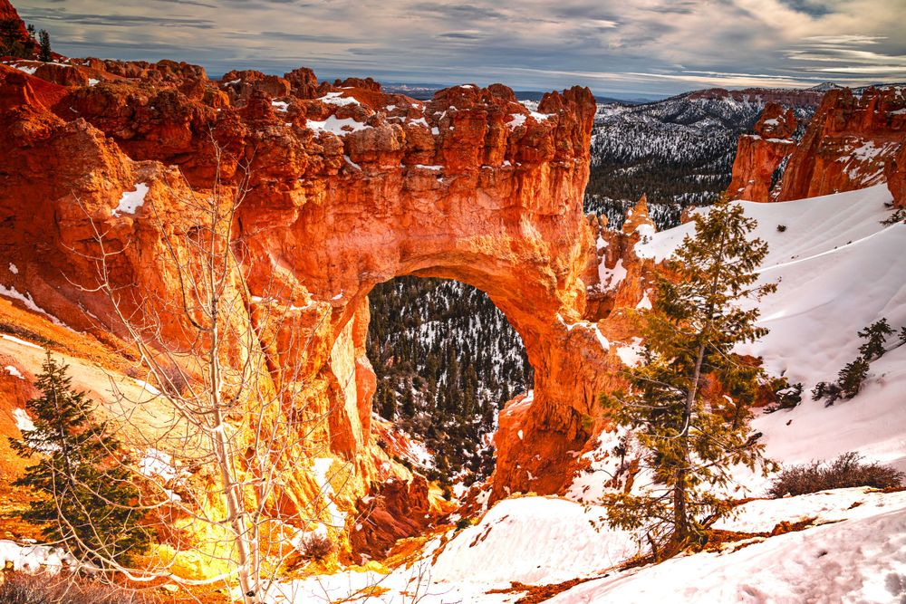 Snow-covered Natural Bridge Arch glows orange at sunset in Bryce Canyon.
