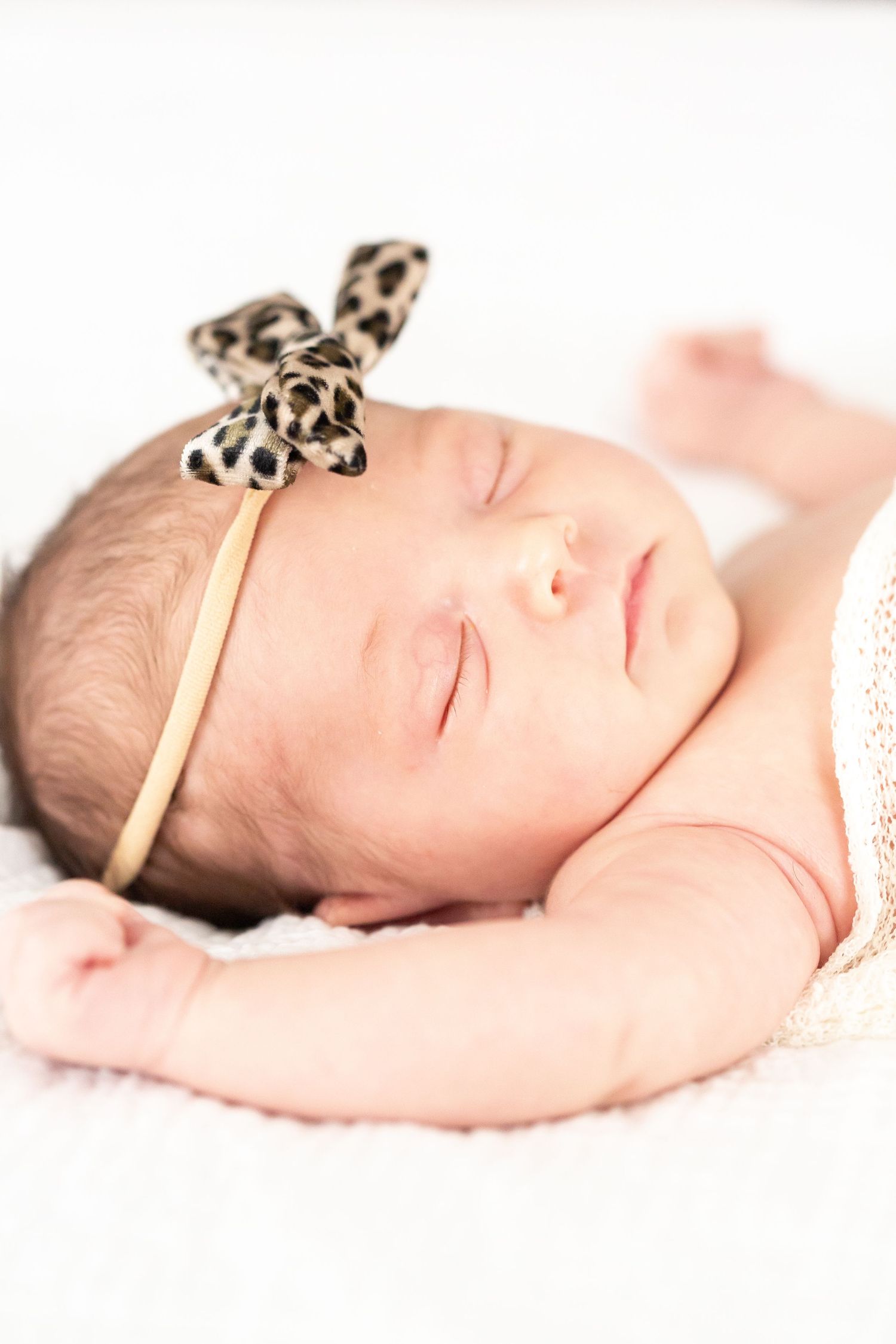 Sleeping newborn with leopard print bow headband on cream background.