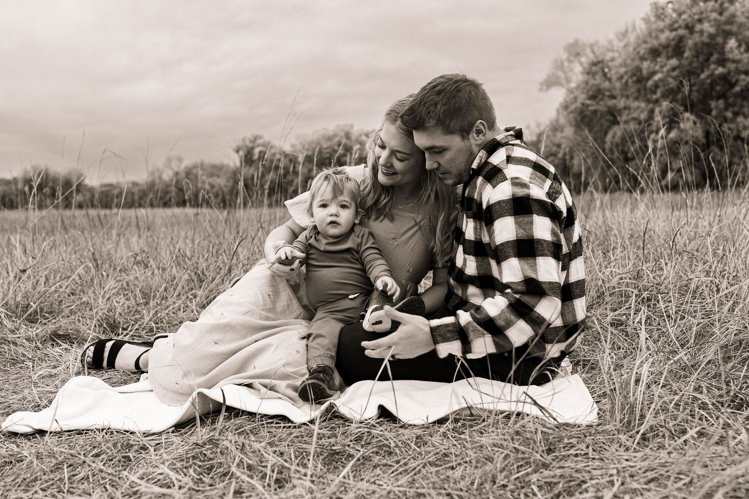 A family enjoying a picnic on a blanket in a grassy meadow.