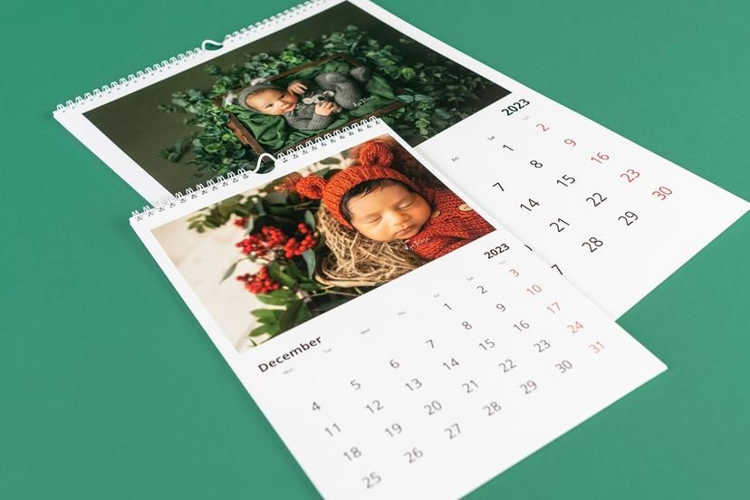 Photo calendar pages showing seasonal images with monthly date grids.