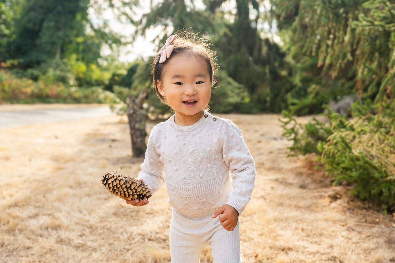 Candid moment of girl holding a pinecone and smiling at sunset.