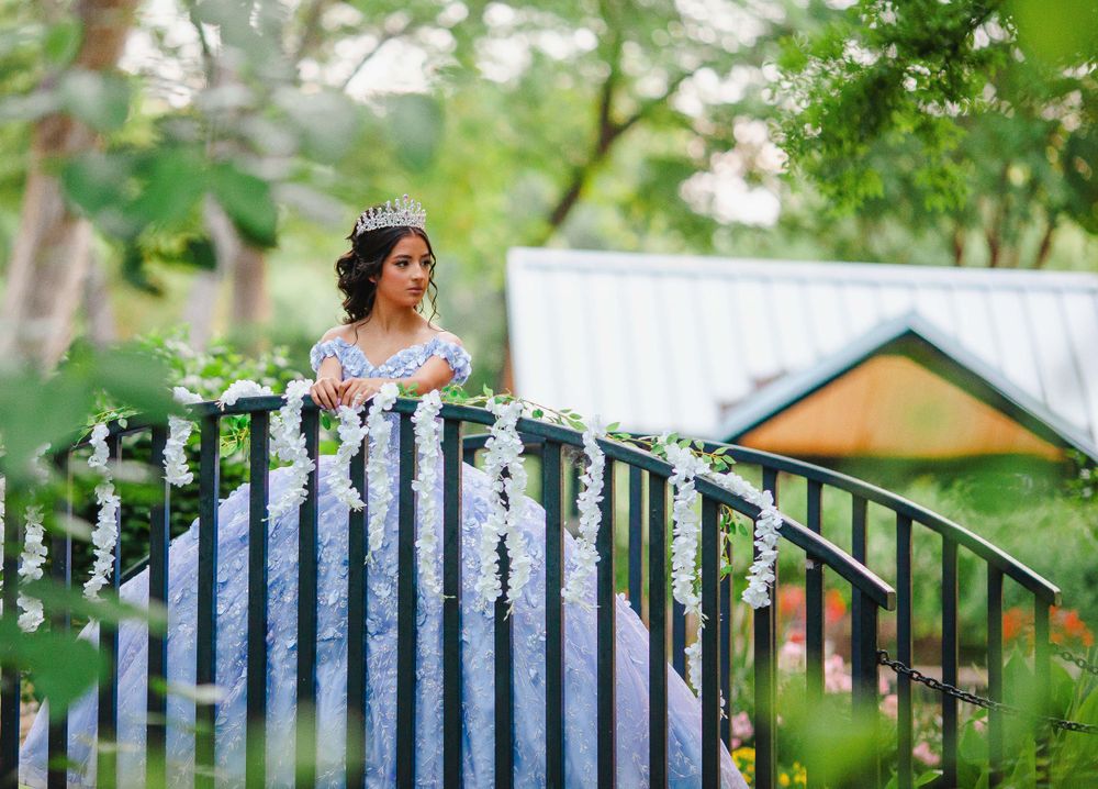 A sequence of photos featuring someone sitting on a blue fence surrounded by lush green foliage.