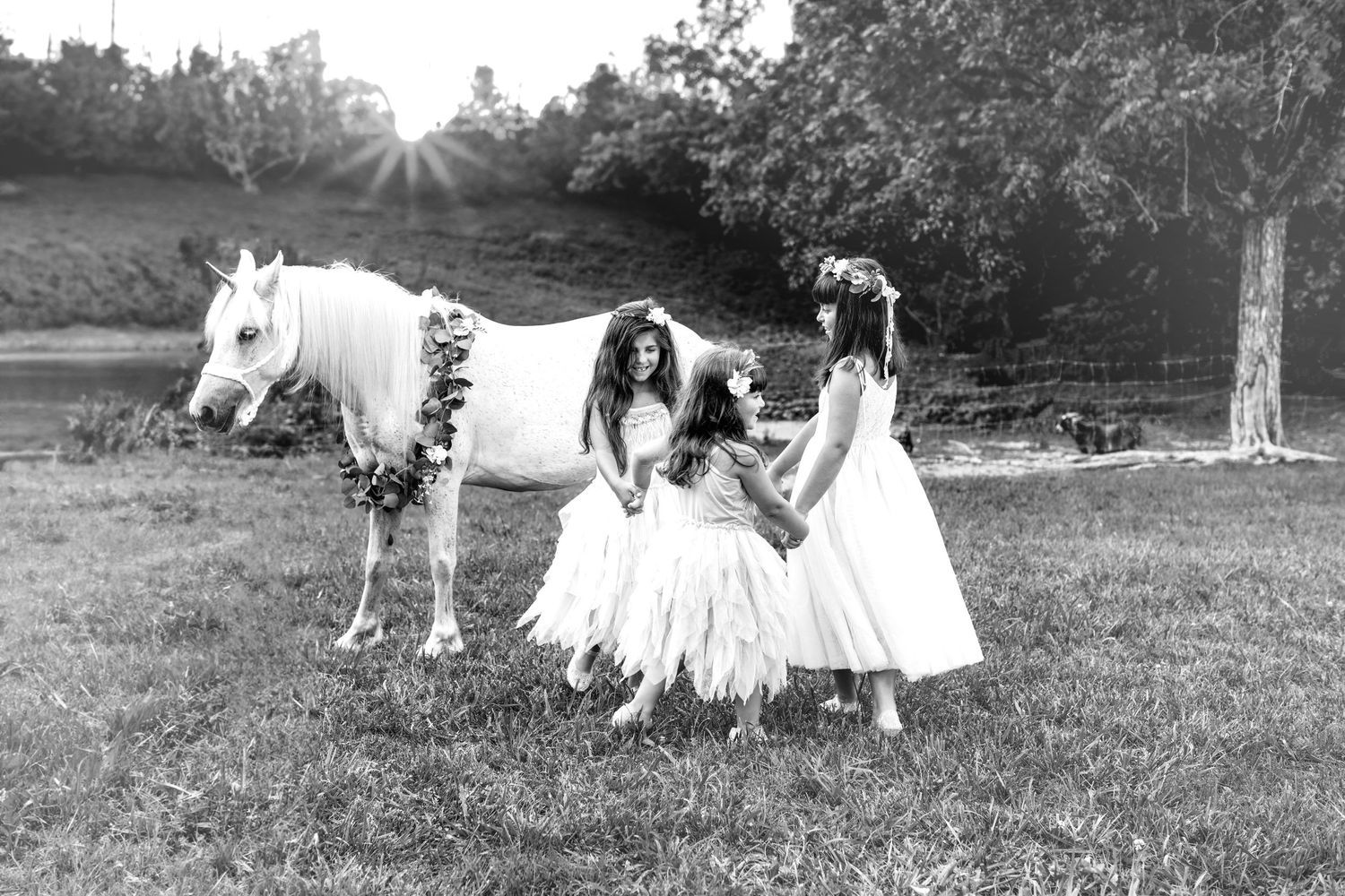Black and white photograph showing two figures in flowing white dresses dancing in a field next to a decorated white horse.