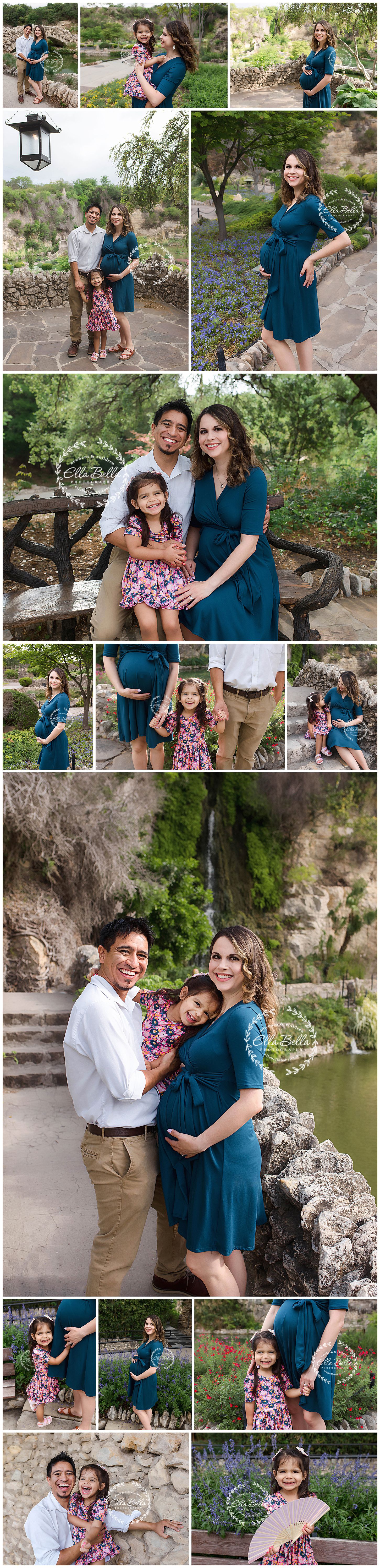 Outdoor family maternity photoshoot in a garden setting with teal and floral outfits.