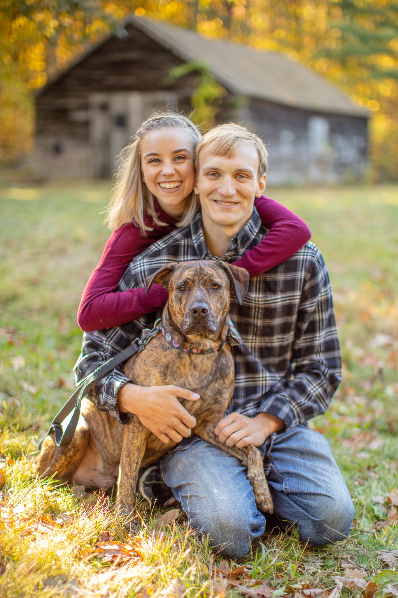 A couple sits with their brindle dog on fallen leaves during golden hour.