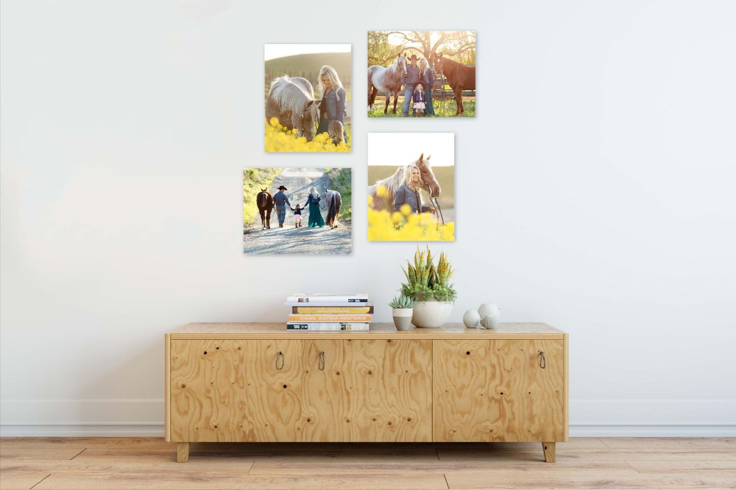 Modern living room wall displays collection of equestrian photographs above wooden credenza.
