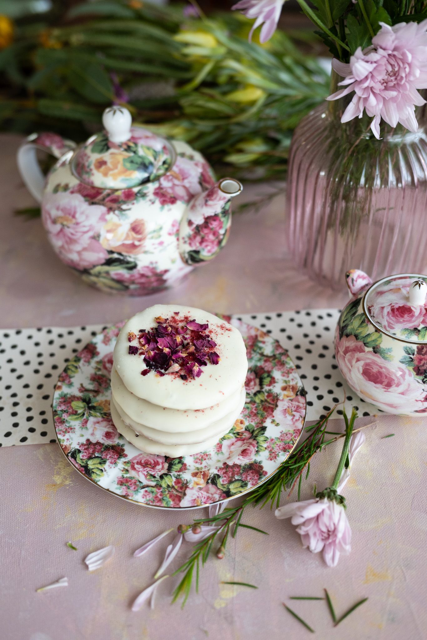 Sugar Mummah cookie covered in rose petals and Grandmas tea set