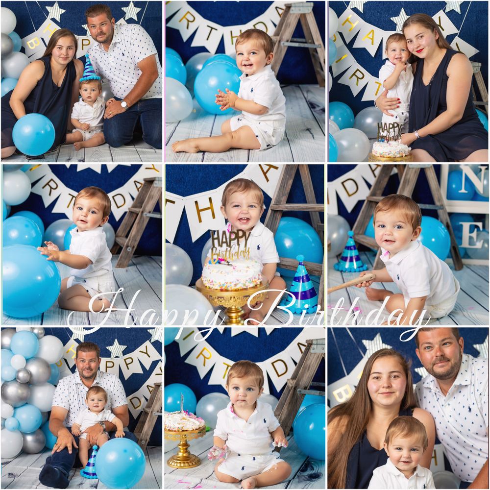 Collage of birthday celebration photos featuring blue and white party decorations.