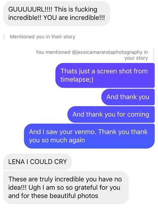 Screenshot of text messages showing enthusiastic praise and gratitude between photographers.