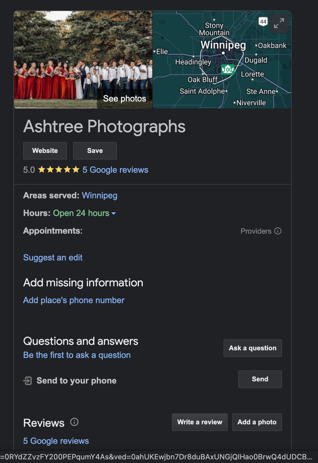 Google Business profile for Ashtree Photographs in Winnipeg with 5-star rating and open hours.