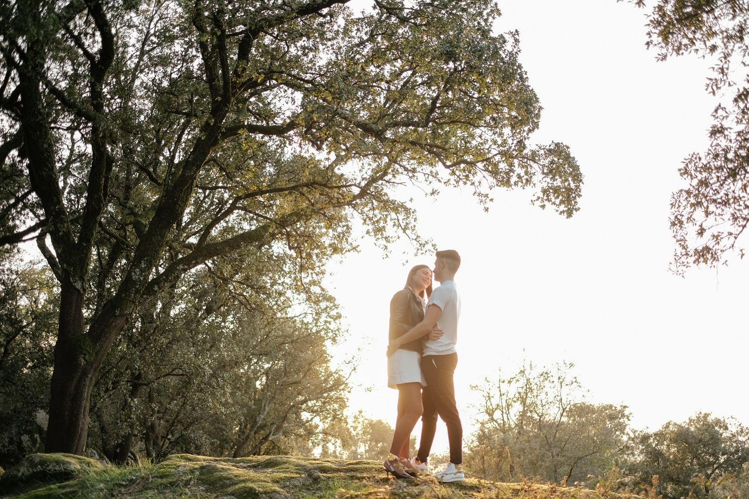 Romantic couple embracing on hilltop during golden hour with trees in background.