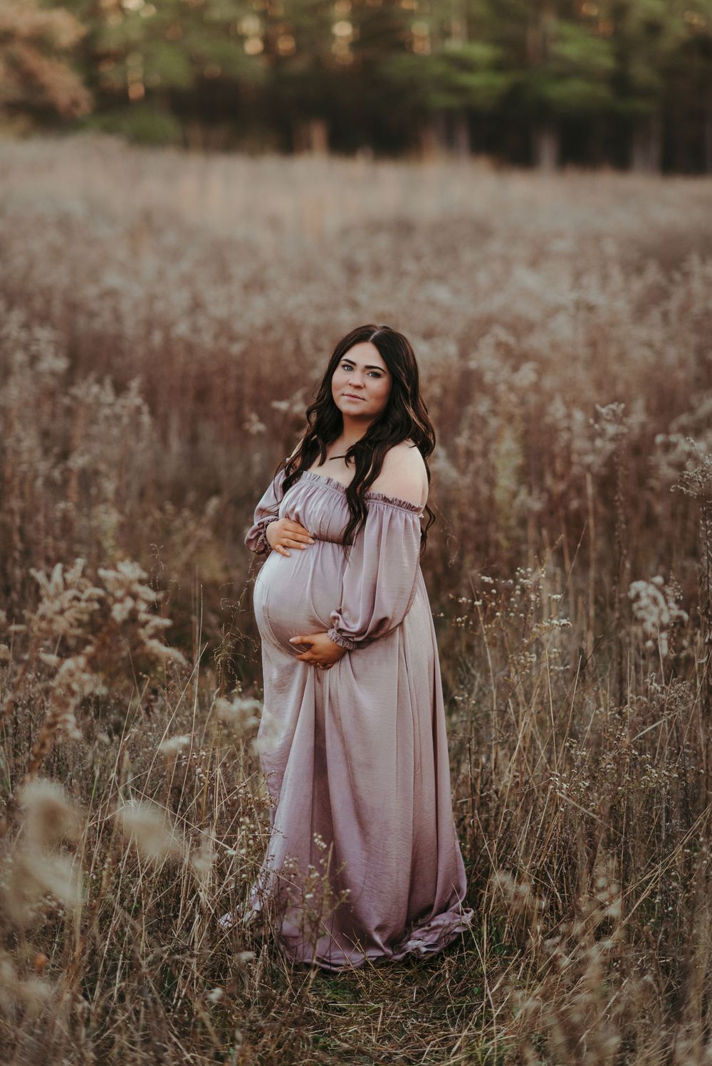 Maternity photo in a golden field with tall grass and pine trees in the background.