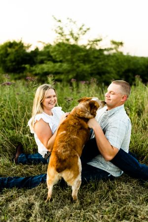 A playful corgi jumps up to greet its owners sitting in tall grass during a sunset photoshoot.