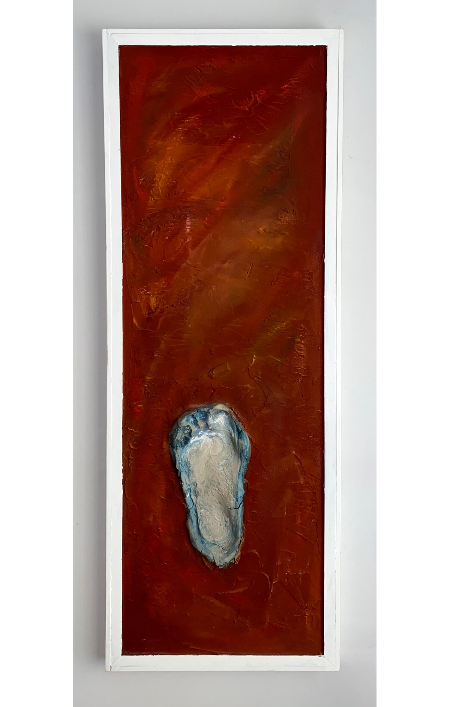 'Earthly' mixed media painting on canvas. Blue footprint on a deep red background.