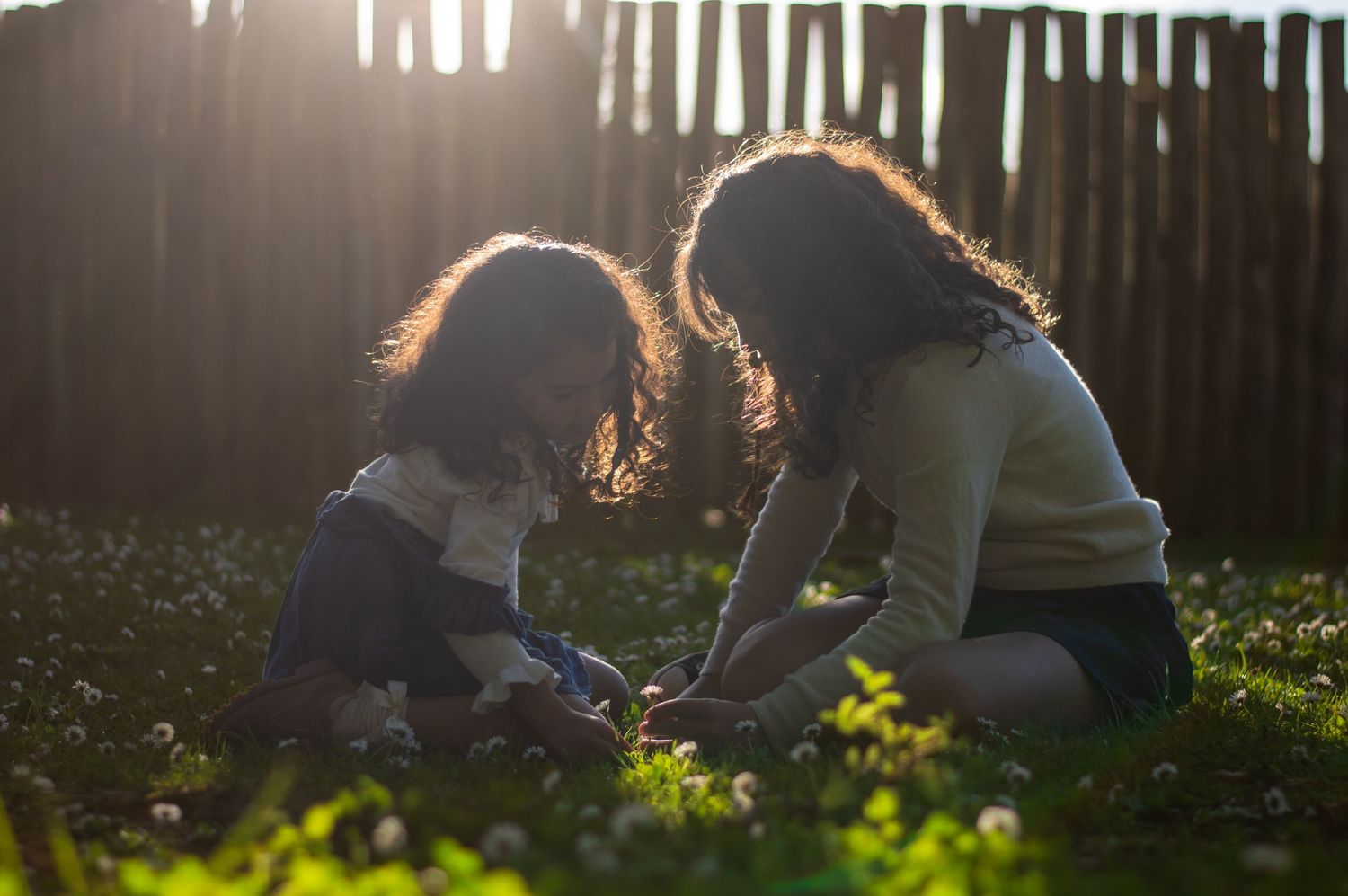 Two silhouettes kneeling together in a garden during sunset.