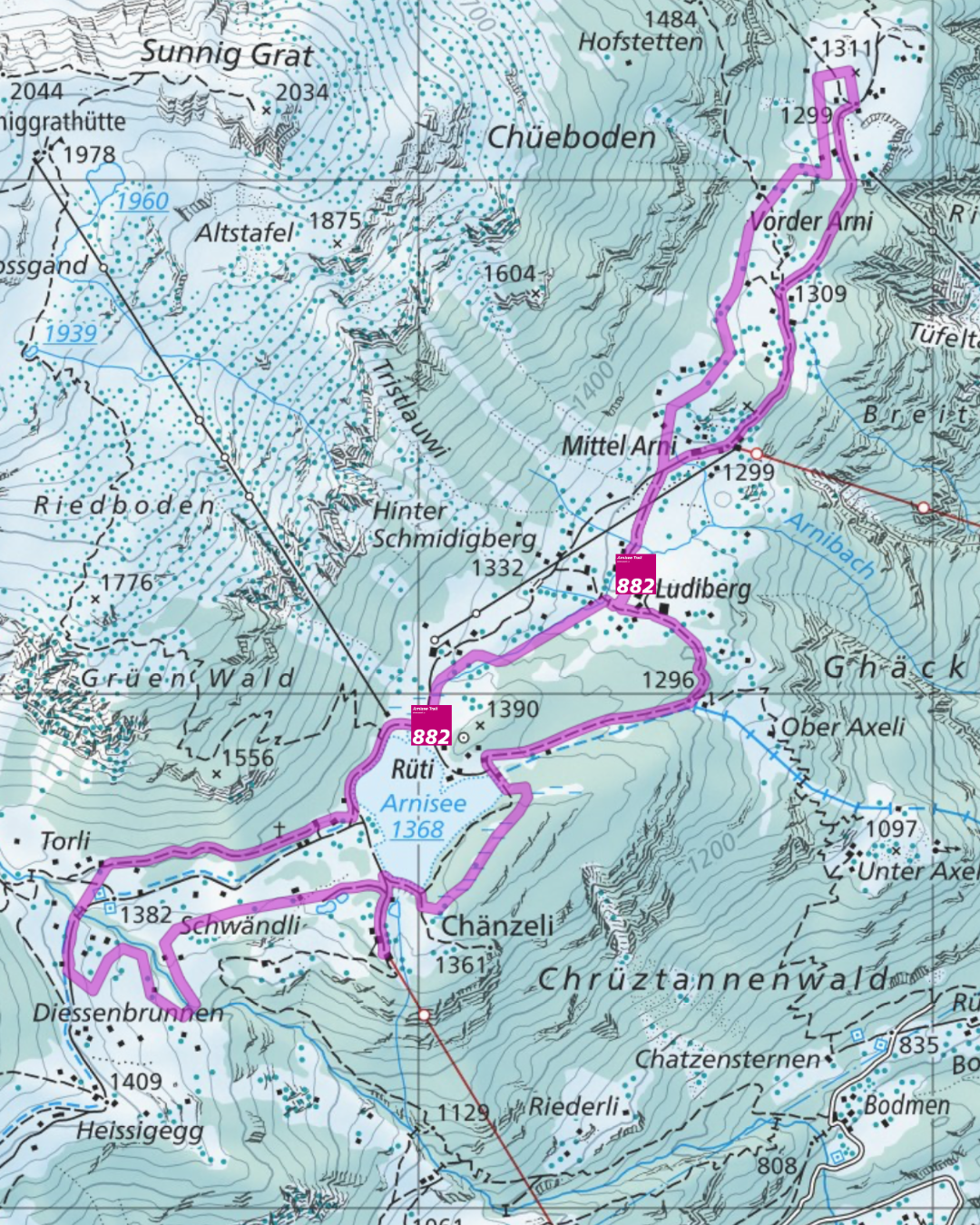 Topographic map showing hiking trails and elevation contours in pink and blue markers.