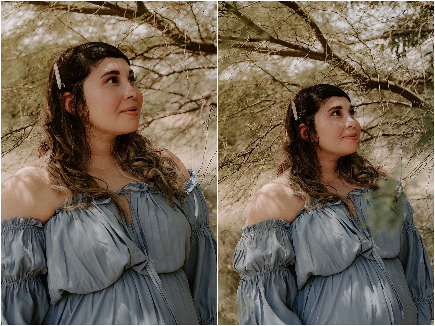 Side-by-side portraits capturing upward gazes in ethereal lighting with a grey off-shoulder dress.