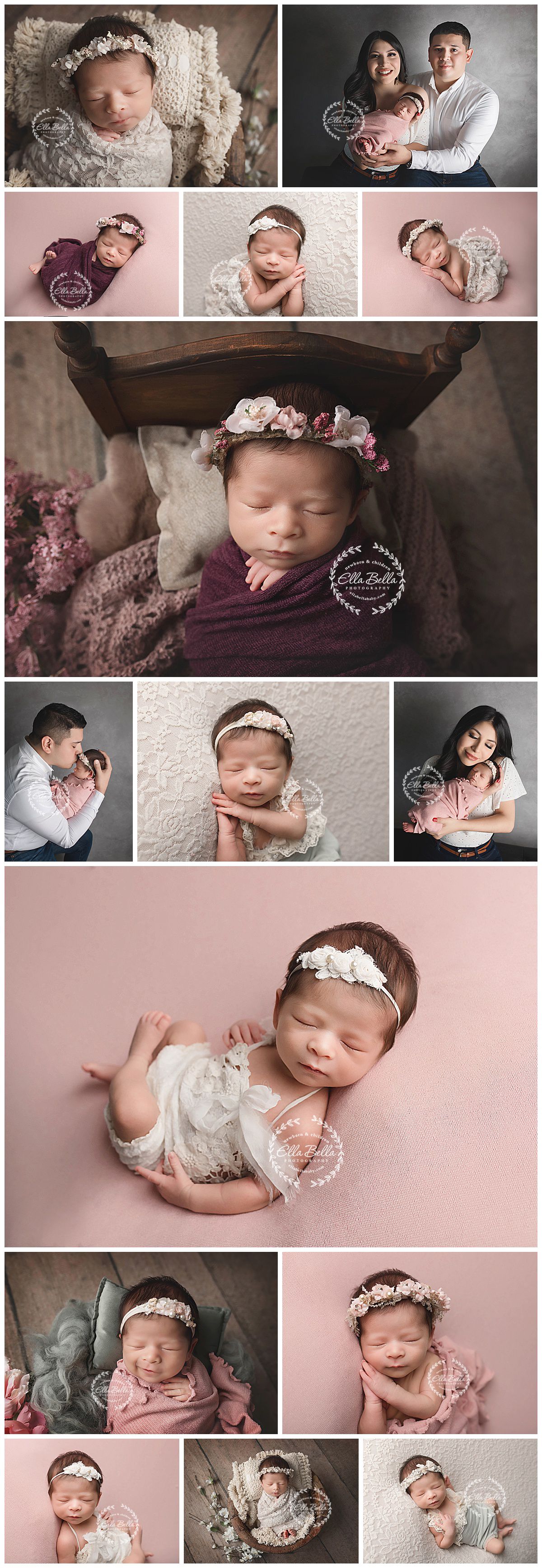 Professional newborn photography collection featuring delicate poses with floral headbands and soft textures in pink and neutral tones.