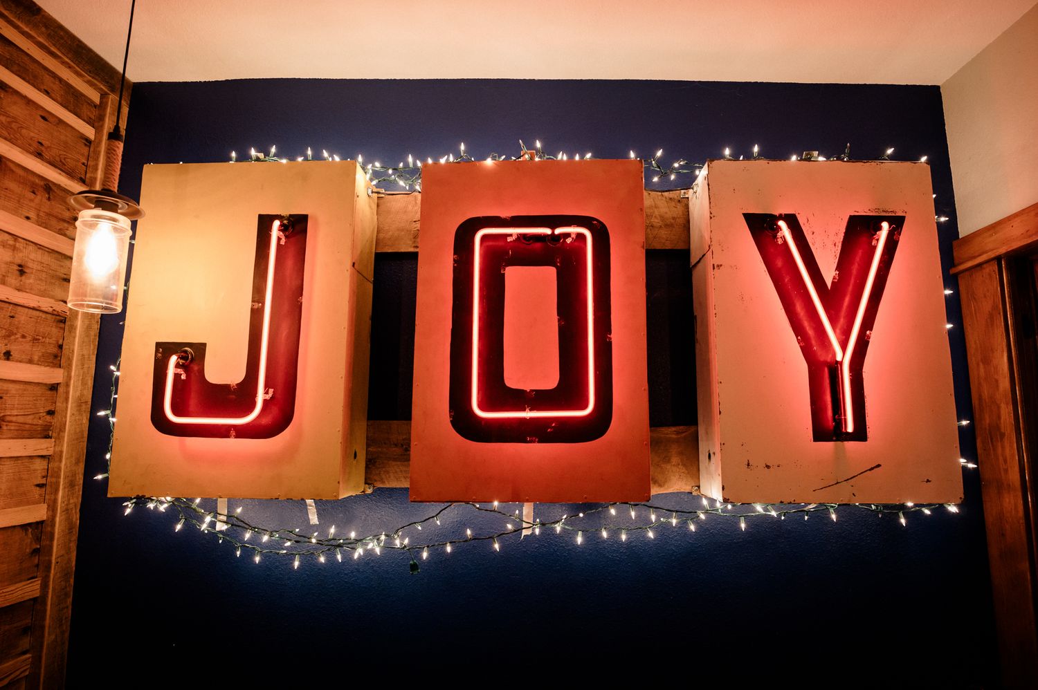 Oh Joy Photography home page, neon JOY sign