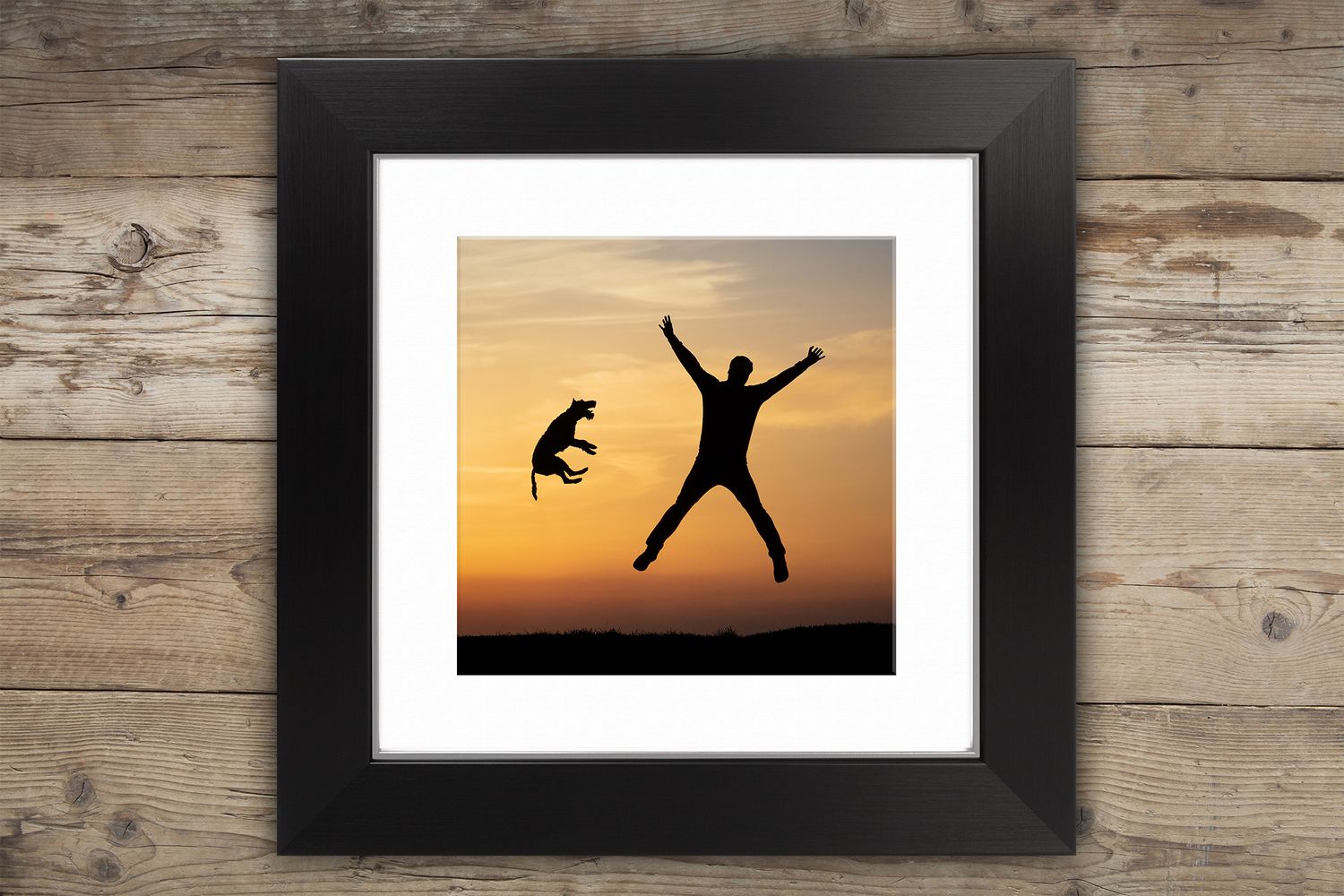 Silhouette of a dog and person jumping against sunset sky, framed in black.