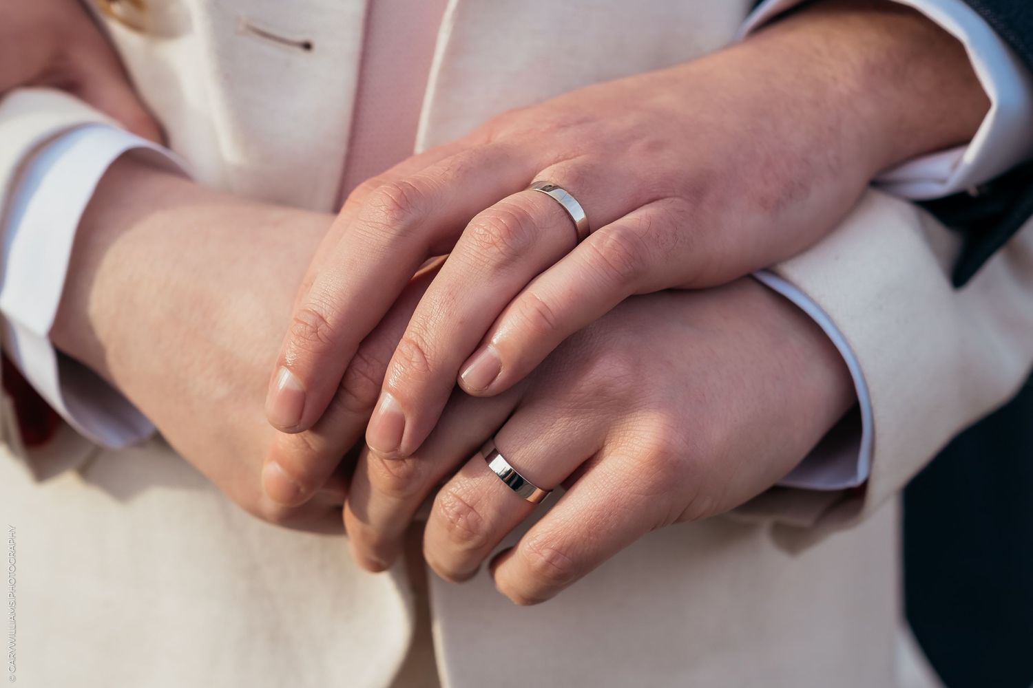 Close up on the hands of newlywed grooms at their gay wedding in Twickenham London