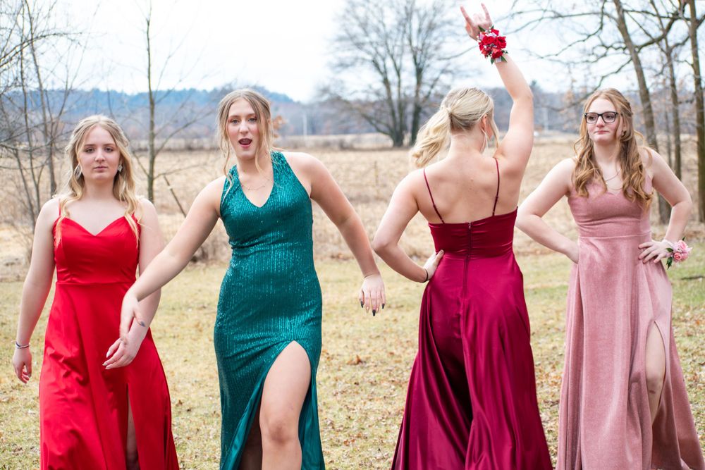 Group wearing vibrant formal dresses poses in a line against a scenic mountain backdrop.