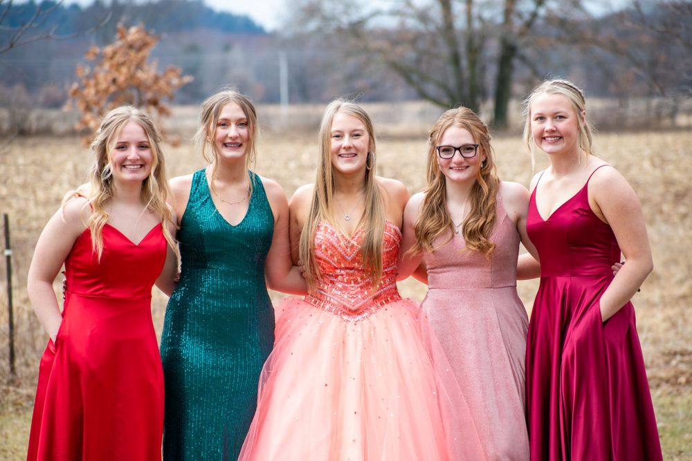 Friends wearing elegant dresses in various colors pose together for formal photos outdoors.