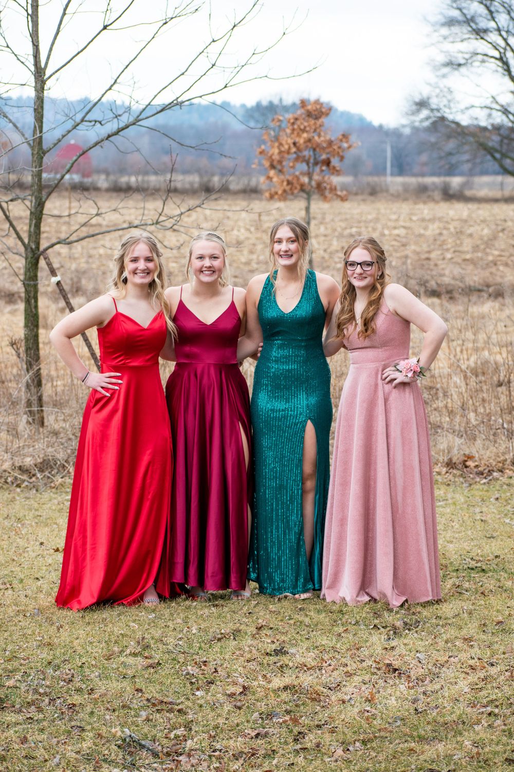 Four friends pose together in formal dresses of red, burgundy, green, and pink against rural backdrop.