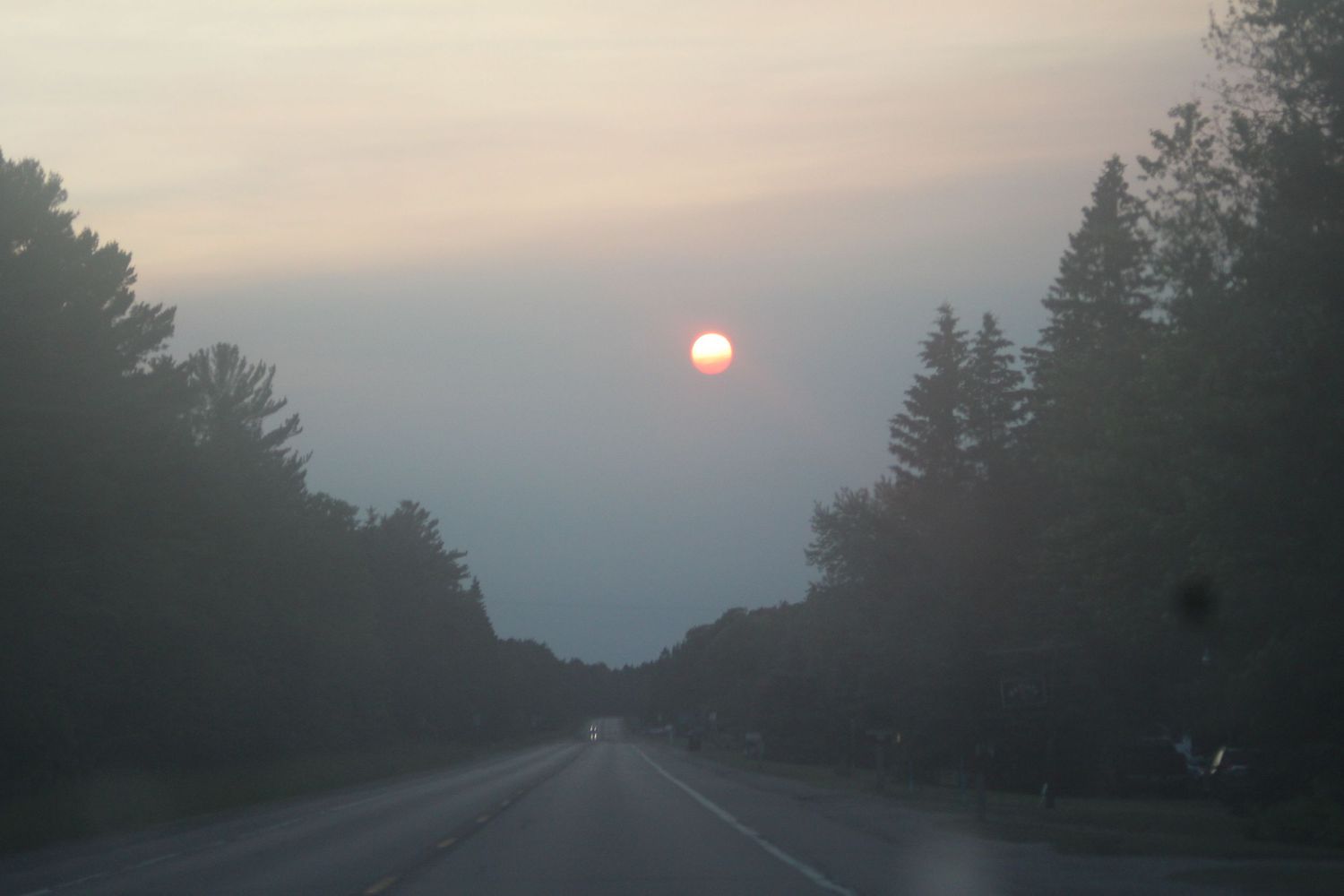 setting sun on road near forest