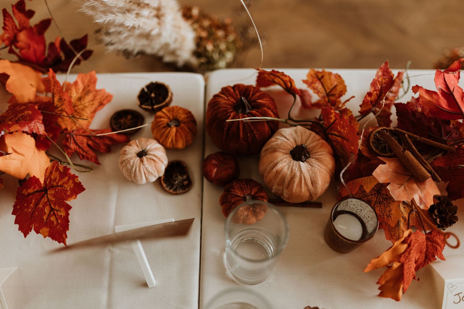 Home made up-cycled velvet pumpkins used for wedding decor