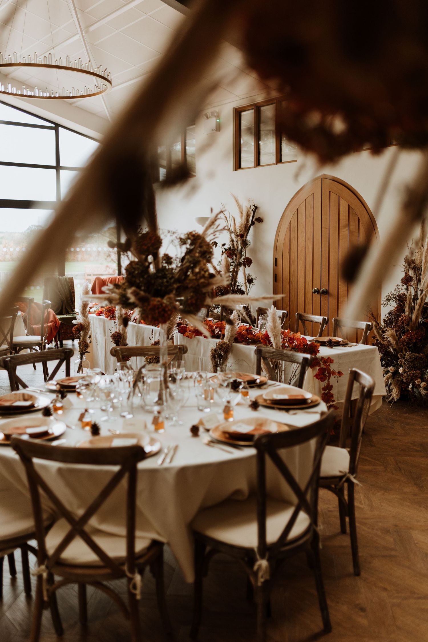 Wedding breakfast table scape photographed at Malt House Barn Shrewsbury