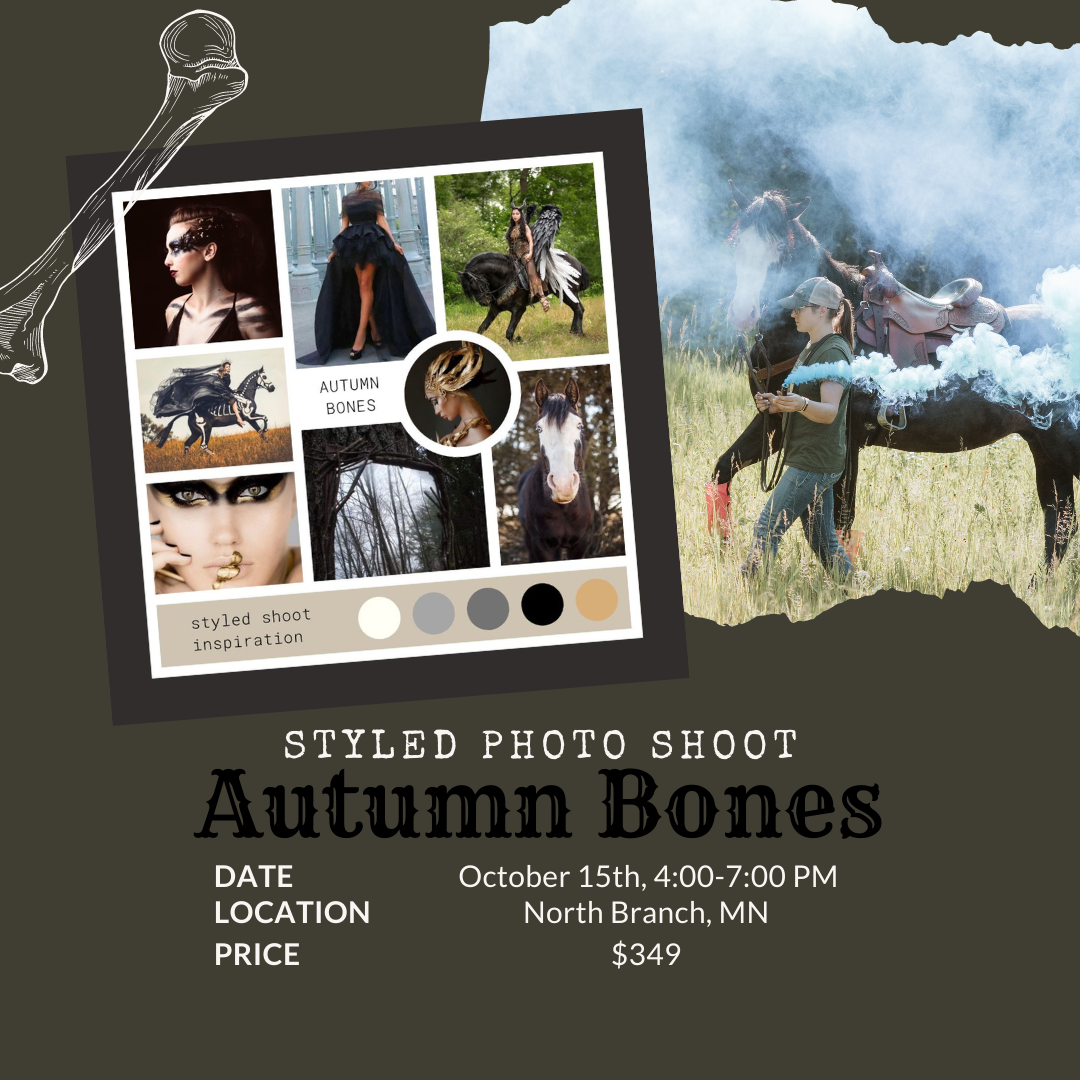 A styled photo shoot advertisement featuring moody autumn tones and horseback imagery.