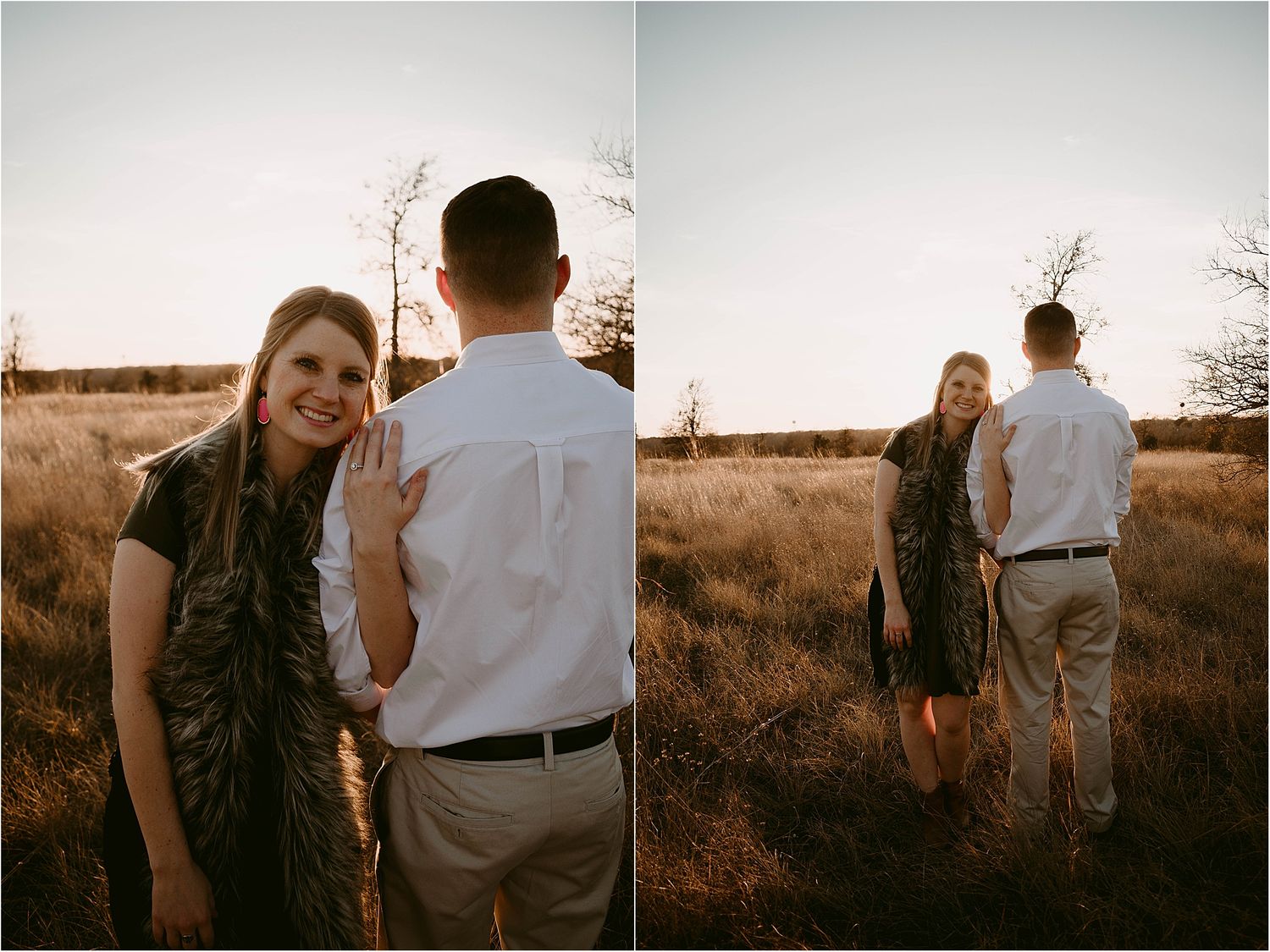 Couple shares tender moments while standing in tall grass during sunset.