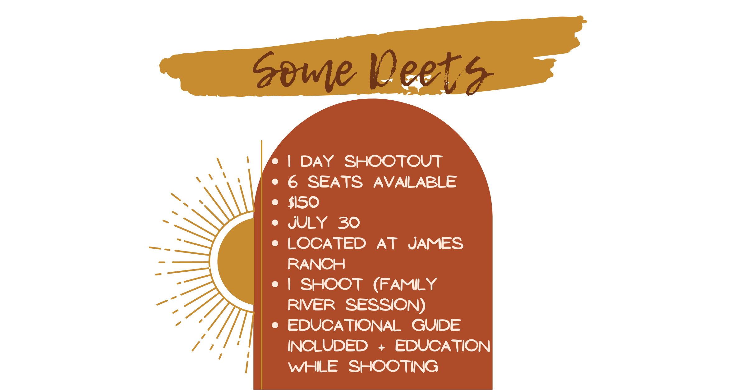 Information graphic with sun motif listing photo shoot details and dates on orange background.