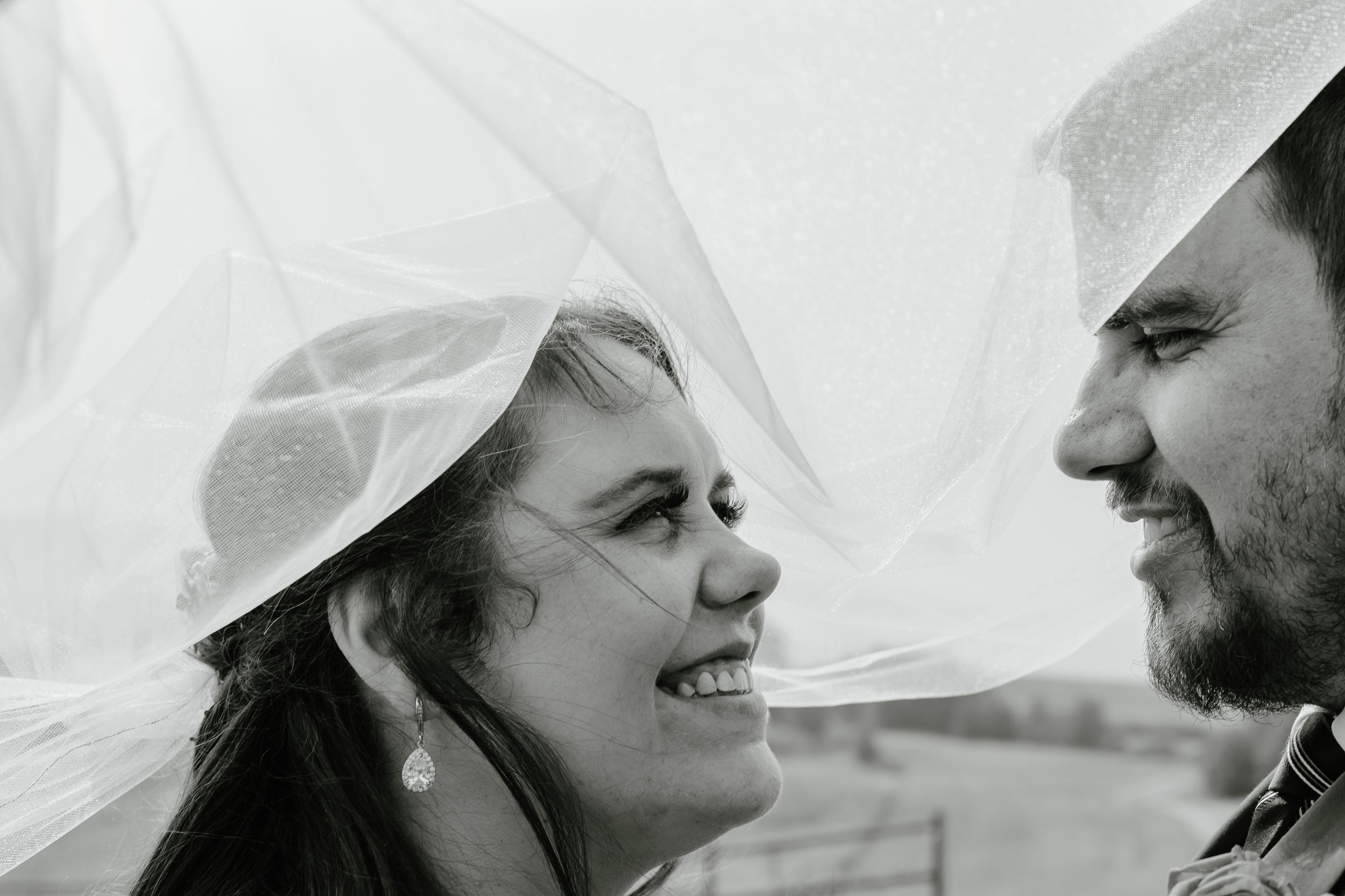 Bride and groom underneath veil, black and white artistic photo at Willow Hill Lodge