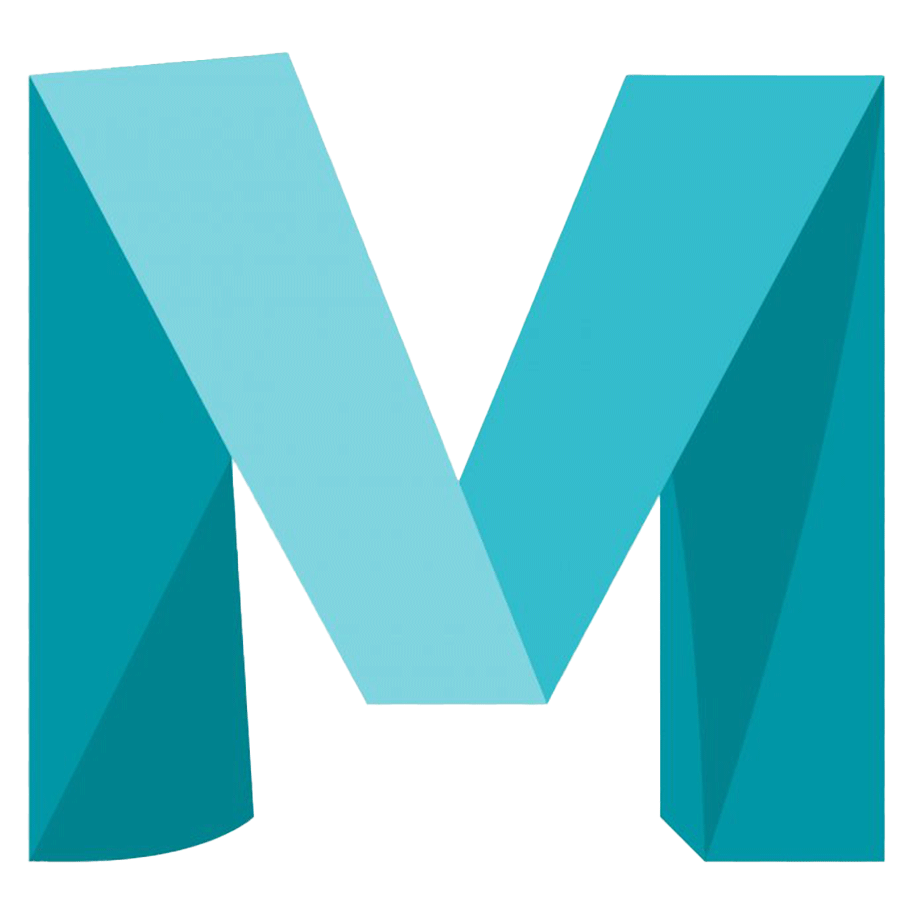 Stylized letter M in turquoise blue with geometric 3D design.