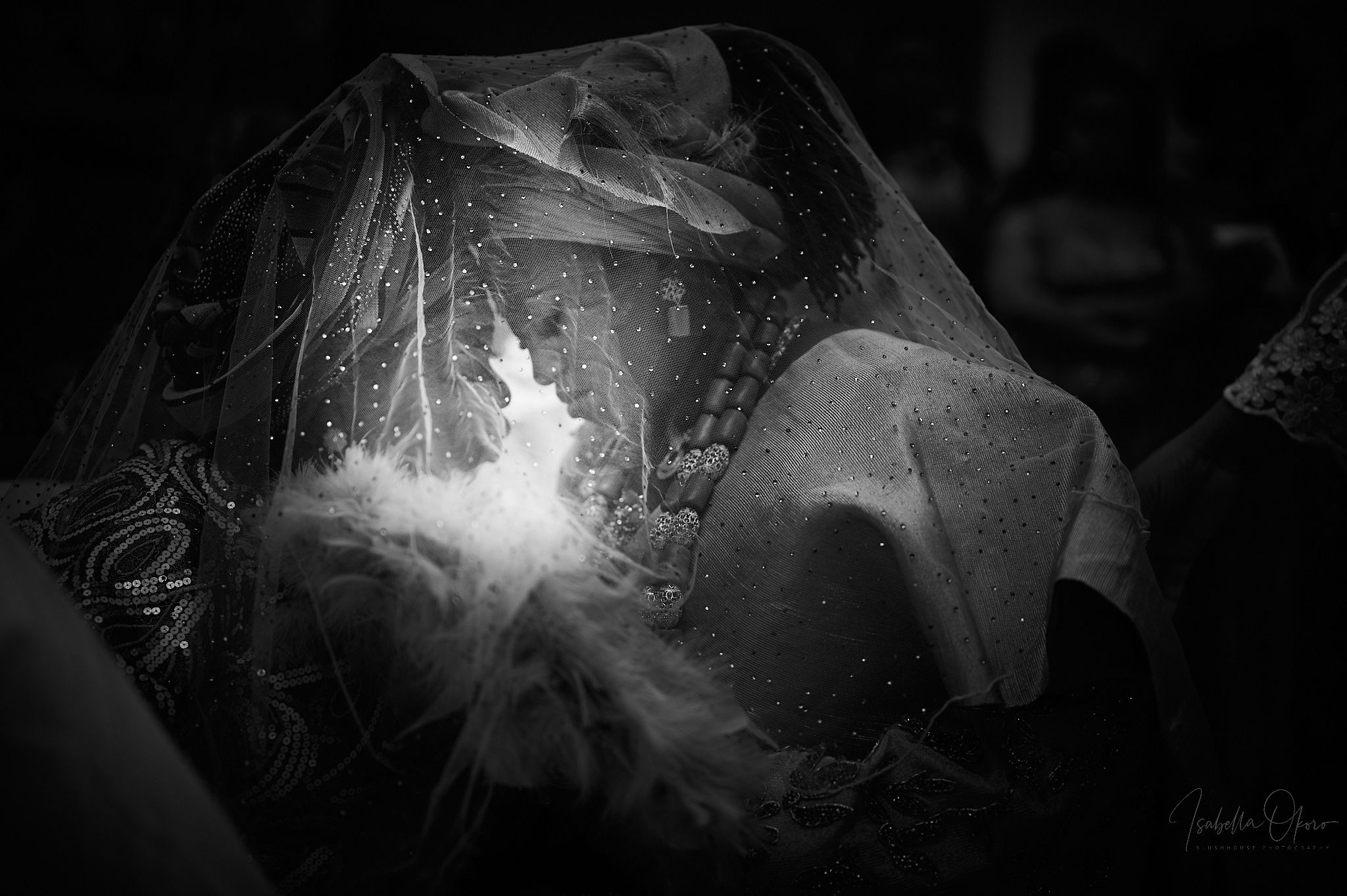 Atmospheric black and white photo showing traditional wedding veil details.