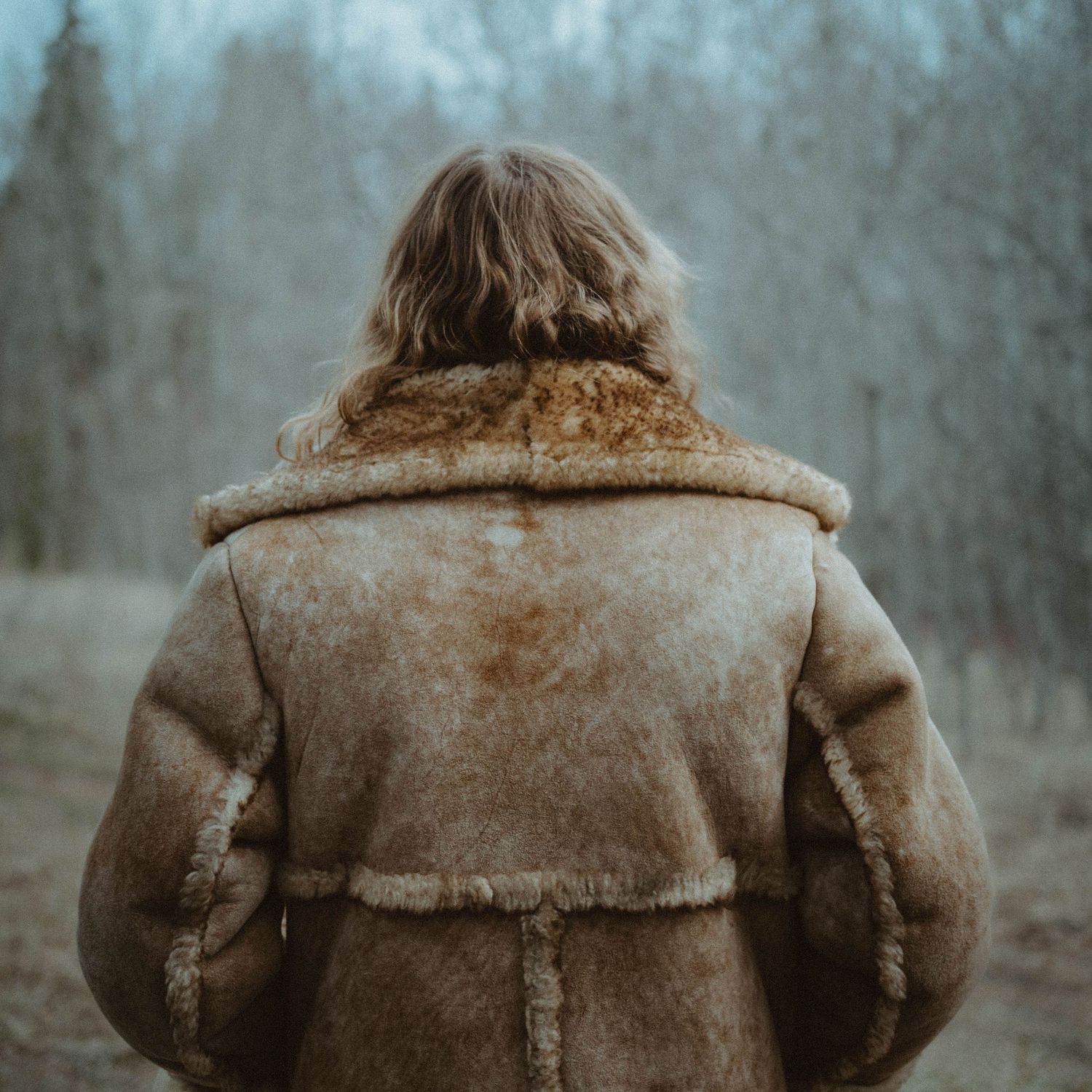 Person in brown sheepskin coat viewed from behind in winter forest.
