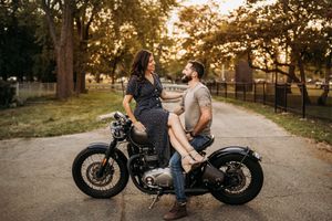 Photo of an engagement in Chicago on a motorcycle.