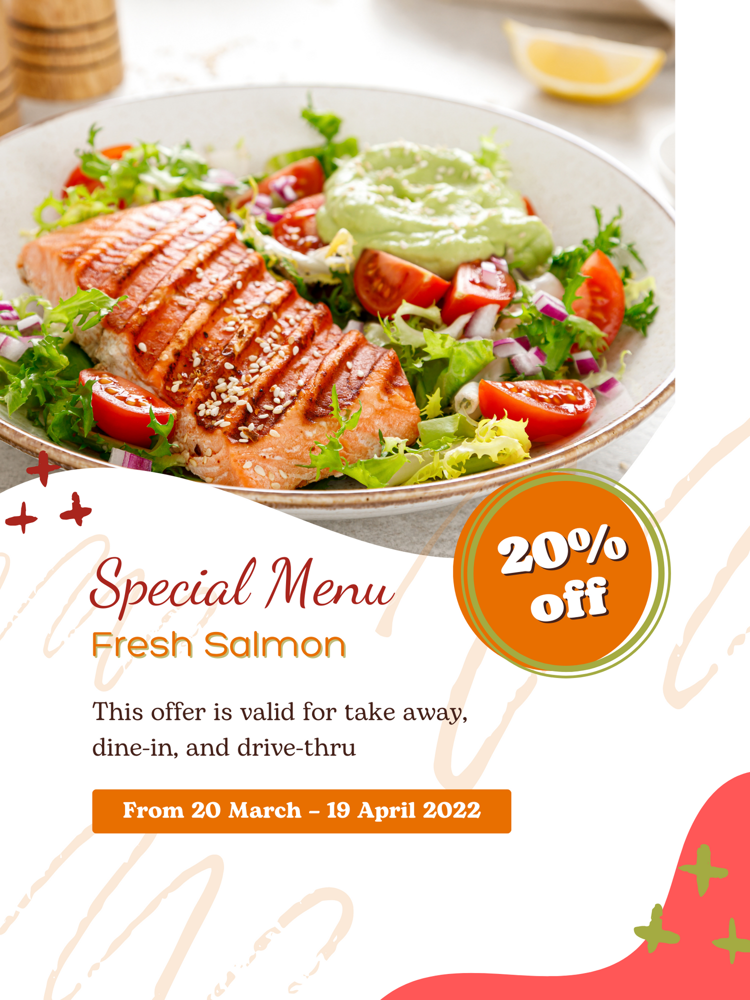 Fresh salmon dish with salad and tomatoes on white plate with 20% off special menu promotion.