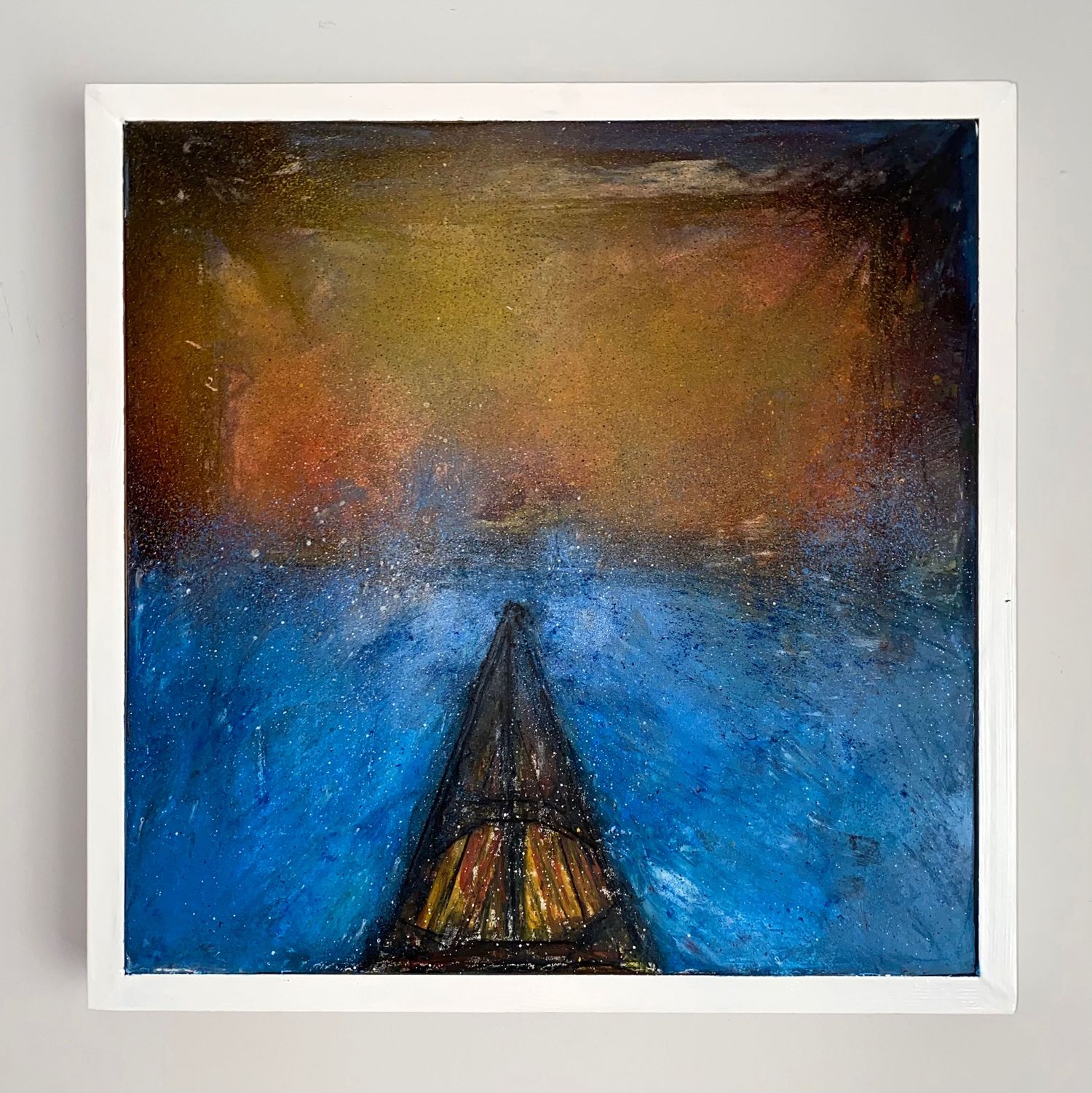 'Voyageur' mixed media painting on canvas. Perspective from a boat heading towards a stary, sea horizon.