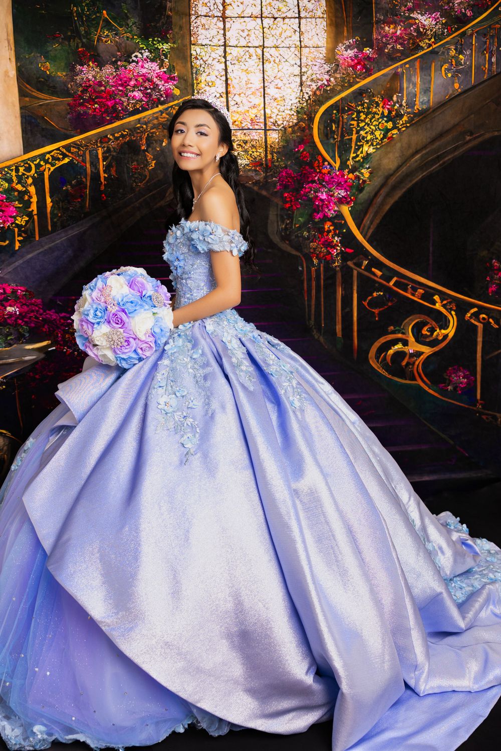 Elegant purple ballgown with off-shoulder design photographed on ornate staircase with floral decorations.
