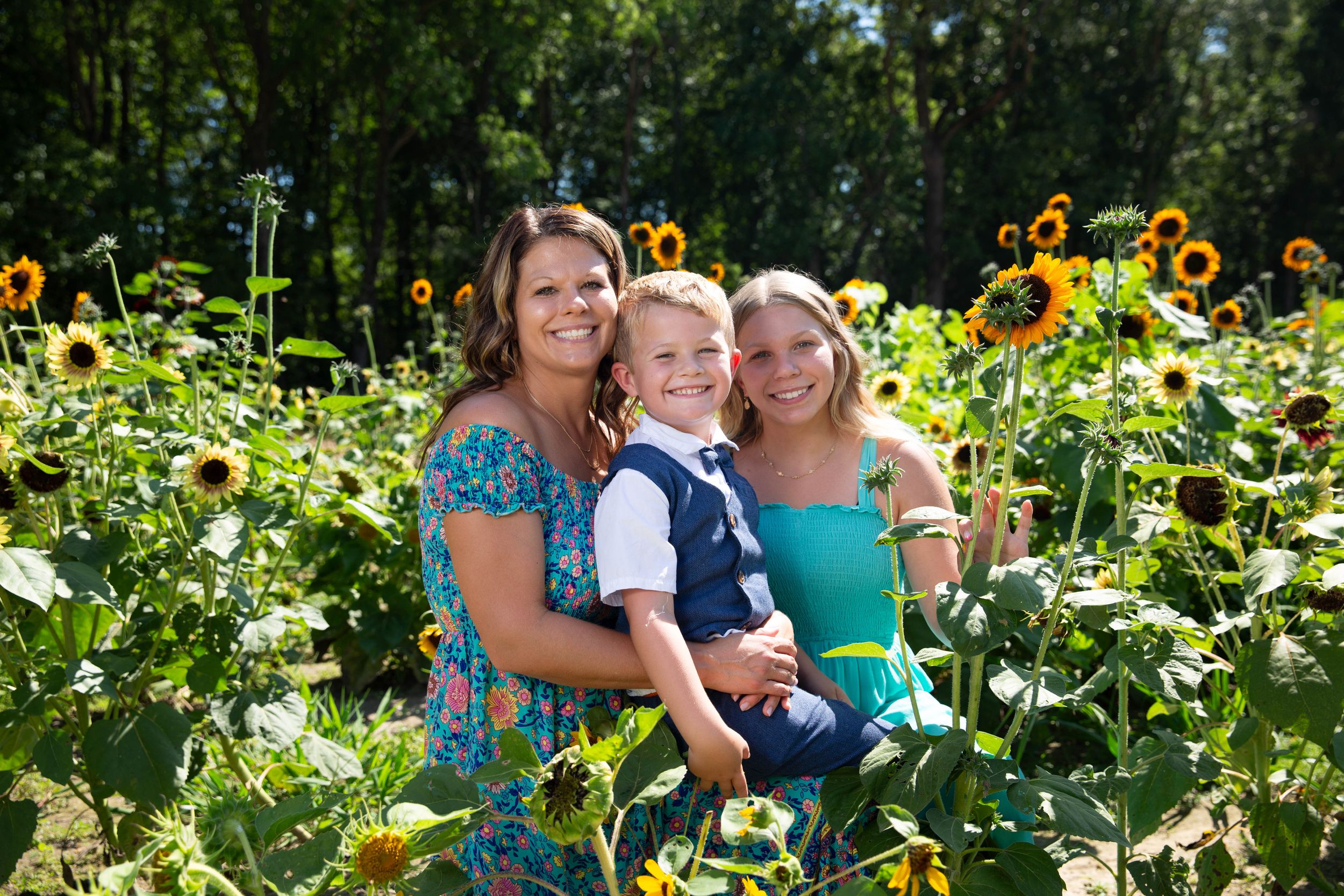 Family pose in sunflower field with sun