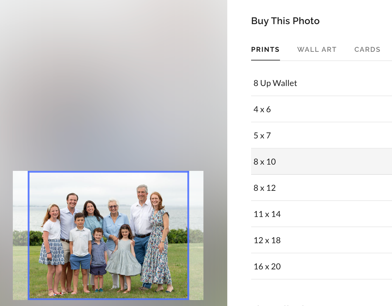 Photo print size selection interface showing various print dimensions.