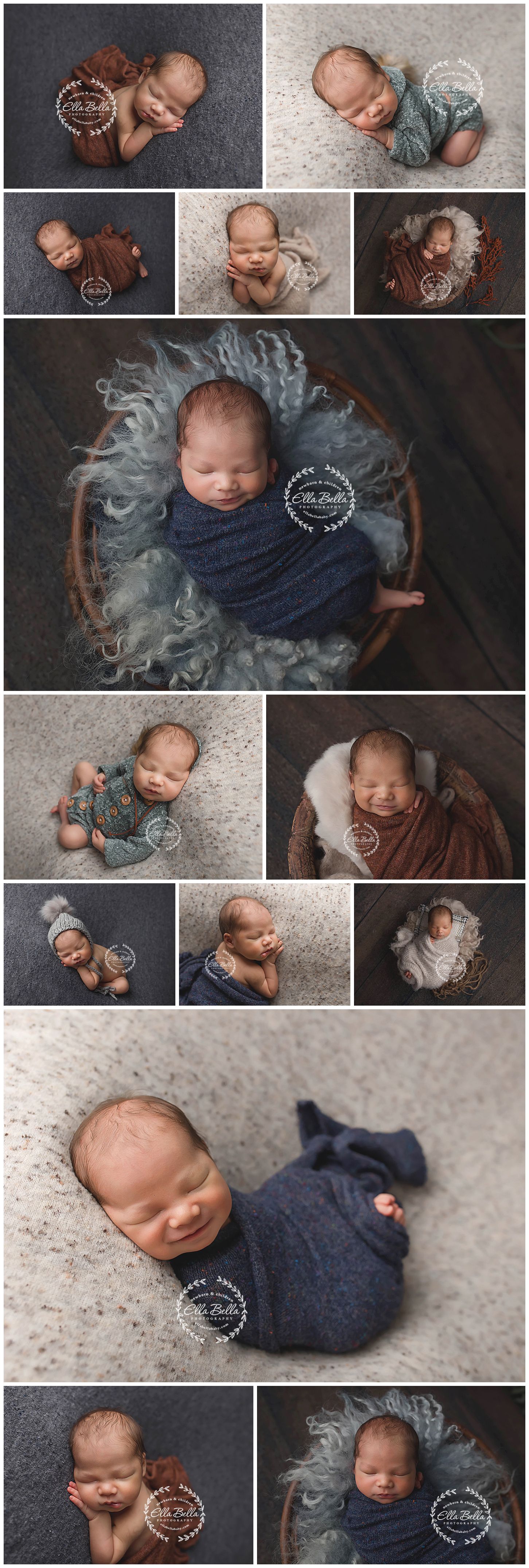 Collection of artistic newborn portraits featuring baby in various wraps and poses on neutral backgrounds.