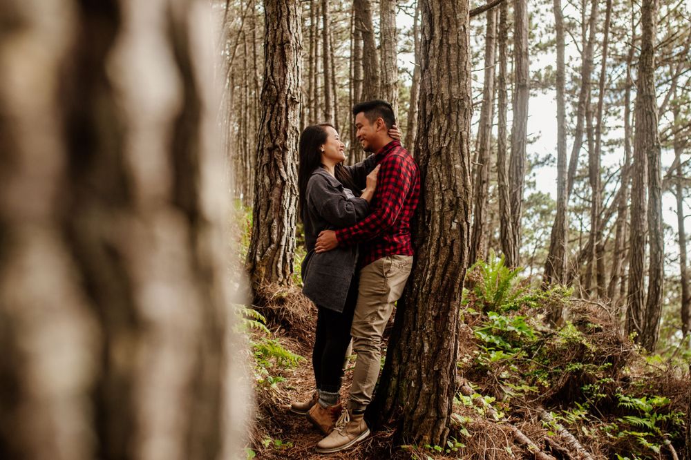A romantic couple embraces between tall trees in a misty forest setting during an outdoor engagement photo session.