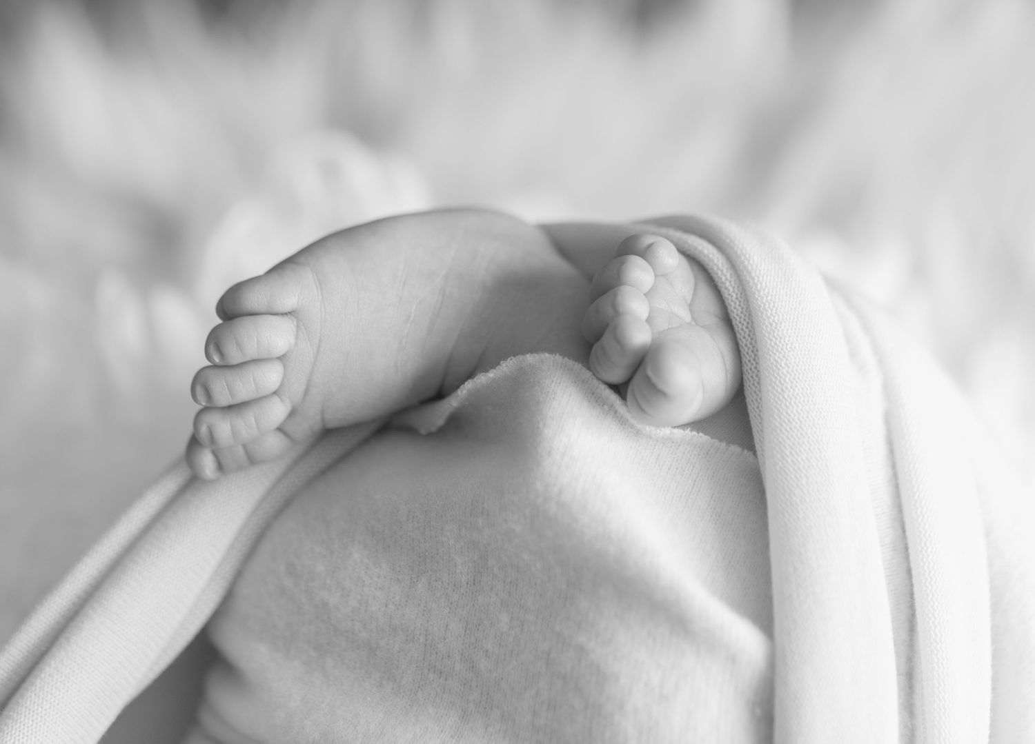 Close-up black and white photo of tiny newborn feet resting on soft fabric.