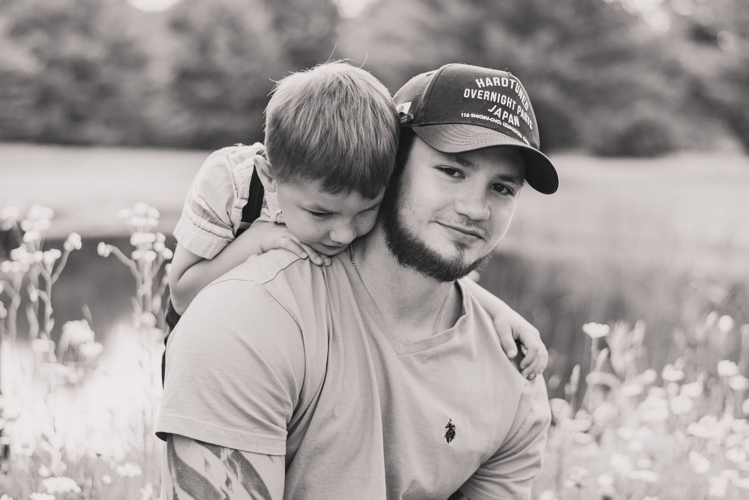 Son on dad's shoulders in black and white in Clarion Pennsylvania