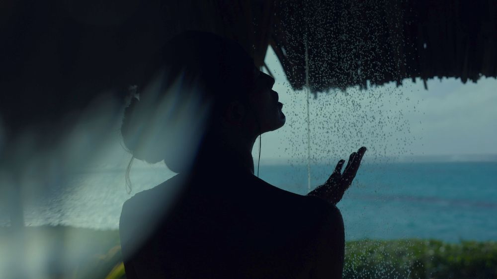 Silhouetted figure by window with raindrops against ocean view background.