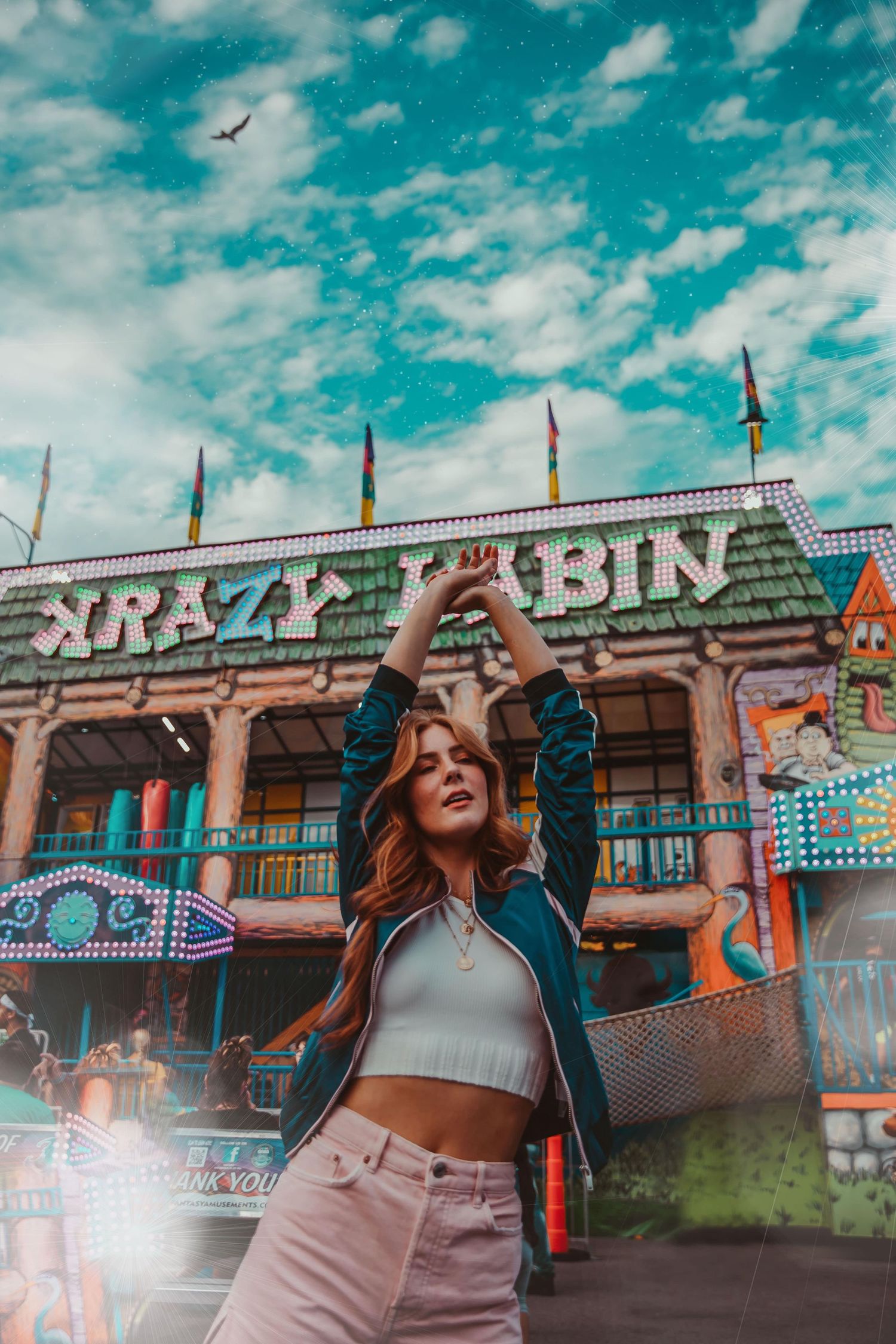 chicago model kelly nicole at carnival in elk grove village illinois, cloudy day, blue skies, red hair